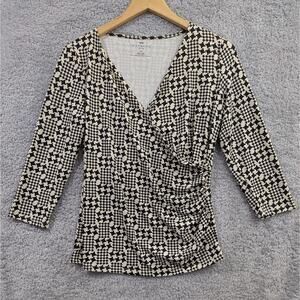 Talbots Petite Black Cream Floral Faux Wrap 3/4 Sleeve Blouse Top Medium Petite